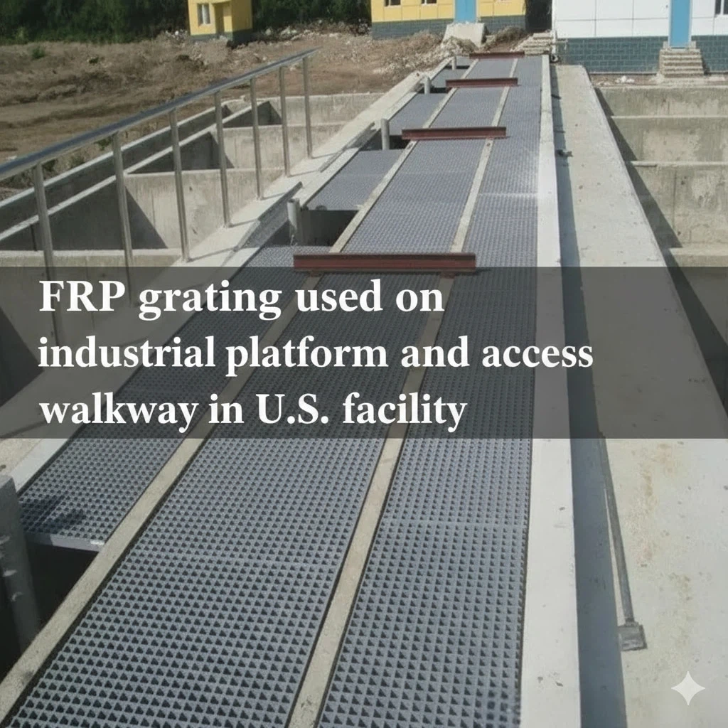 FRP grating used on industrial platform and access walkway in US facility FRP grating used on industrial platform and access walkway in US facility